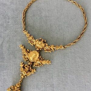 VICTORIAN NOUVEAU Crown CAMEO Fob Charm Filigree Flower 5” Long Pendant Collar